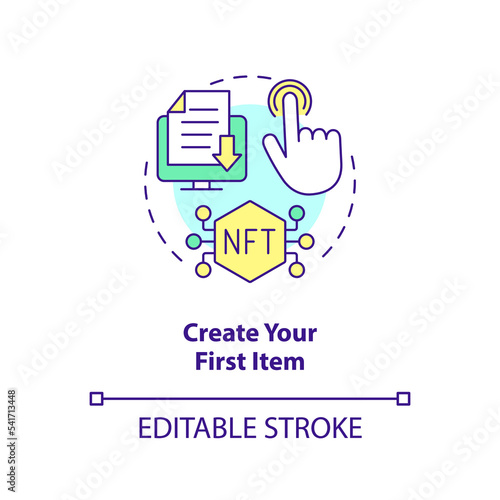 Create your first item concept icon. Upload file on marketplace. NFTs minting process abstract idea thin line illustration. Isolated outline drawing. Editable stroke. Arial, Myriad Pro-Bold fonts used