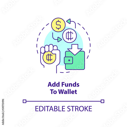 Add funds to wallet concept icon. Buy cryptocurrency. NFTs minting process abstract idea thin line illustration. Isolated outline drawing. Editable stroke. Arial, Myriad Pro-Bold fonts used