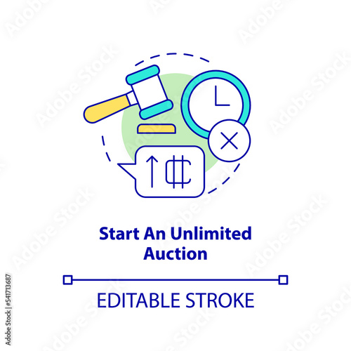 Start an unlimited auction concept icon. Monetization. Way of NFTs selling abstract idea thin line illustration. Isolated outline drawing. Editable stroke. Arial, Myriad Pro-Bold fonts used