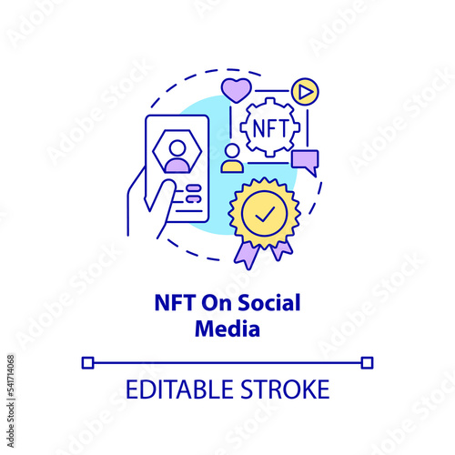 NFT on social media concept icon. Digital artefacts usage. Promising virtual trend abstract idea thin line illustration. Isolated outline drawing. Editable stroke. Arial, Myriad Pro-Bold fonts used