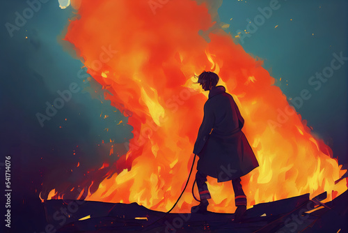 a man walking in front of a burning place, thinking about life