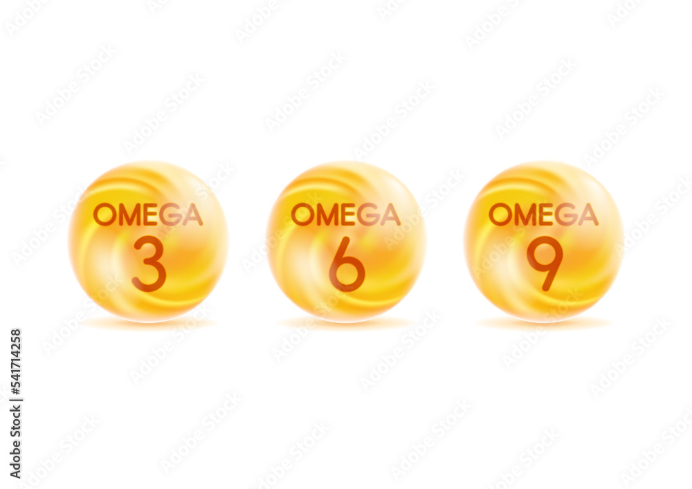 Omega 3, 6, 9 gold drops icons. Polyunsaturated fatty Omega3, Omega6