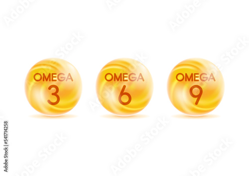 Omega 3, 6, 9 gold drops icons. Polyunsaturated fatty Omega-3, Omega-6, Omega-9. Natural Fish, Organic Vitamin, Nutrient. Omega Fatty Acid, EPA, DHA. Vitamin drop pill capsule. vector