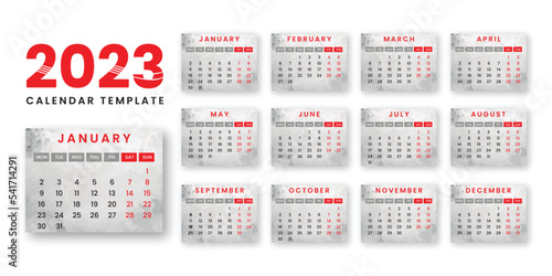 2023 desktop monthly calendar template design. Modern colorful english vector calendar layout