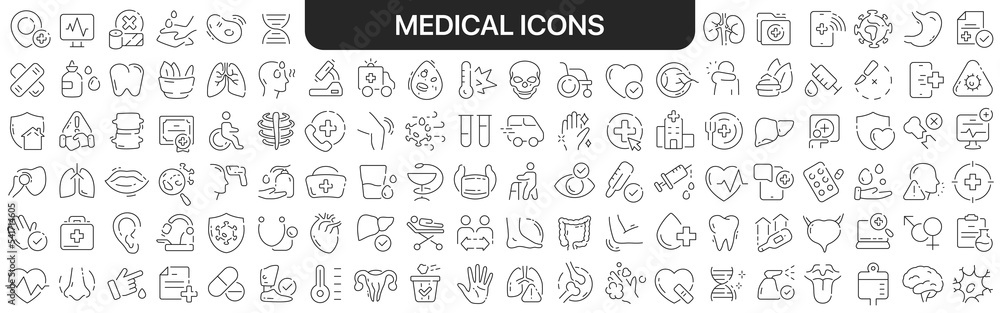 Medical icons collection in black. Icons big set for design. Vector linear icons