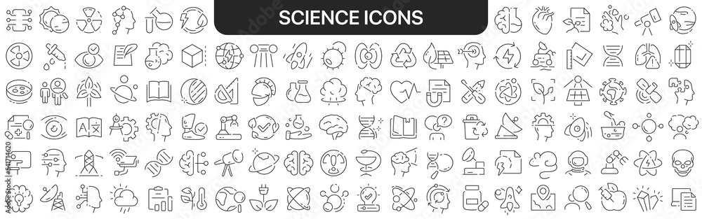 Science icons collection in black. Icons big set for design. Vector linear icons Science icons collection in black. Icons big set for design. Vector linear icons