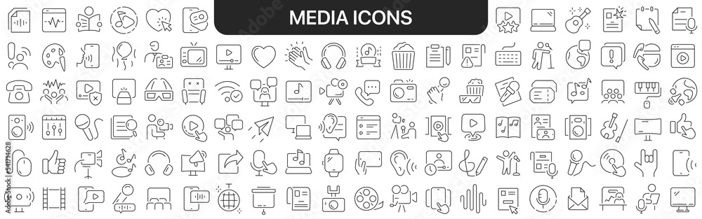 Media icons collection in black. Icons big set for design. Vector linear icons Media icons collection in black. Icons big set for design. Vector linear icons