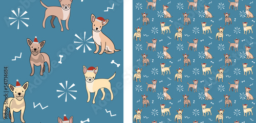 Seamless chihuahua dog pattern, holiday texture. Square format, t-shirt, poster, packaging, textile, socks, textile, fabric, decoration, wrapping paper. Trendy hand-drawn dogs wallpaper.