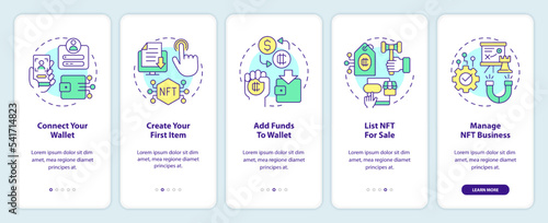 NFTs minting process onboarding mobile app screen. Technology walkthrough 5 steps editable graphic instructions with linear concepts. UI, UX, GUI template. Myriad Pro-Bold, Regular fonts used