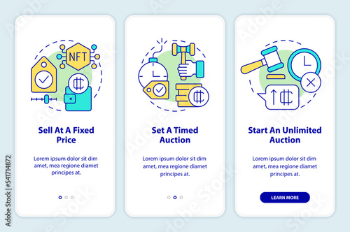 Ways of selling NFTs onboarding mobile app screen. Business walkthrough 3 steps editable graphic instructions with linear concepts. UI, UX, GUI template. Myriad Pro-Bold, Regular fonts used