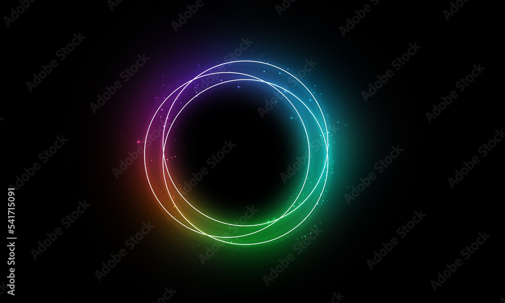 Circle light effect. Neon glowing circle with light rays. Frame isolated on black background Circle light effect. Neon glowing circle with light rays. Frame isolated on black background