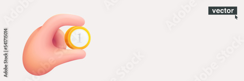 Character depositing gold dollar coin in his hand. Realistic vector 3D illustration in cartoon style.