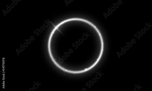 Circle light effect. Neon glowing circle with light rays. Frame isolated on black background