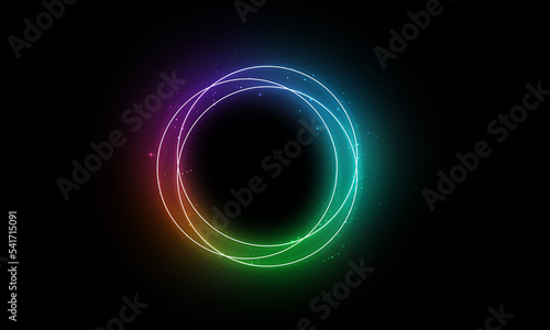 Circle light effect. Neon glowing circle with light rays. Frame isolated on black background
