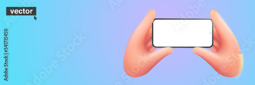 Cell phone in two hands on blue background. Realistic 3D design in cartoon style. Vector illustration.