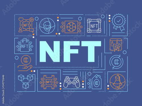 NFT marketplaces word concepts dark blue banner. Crypto art. Infographics with editable icons on color background. Isolated typography. Vector illustration with text. Arial-Black font used