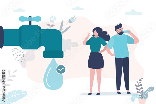 Happy couple, people drinking clean tap water, filter purifying liquid from pipe. Drinking water in glass. Healthy lifestyle. Pure bottled aqua. Drinkable stream, big drop.