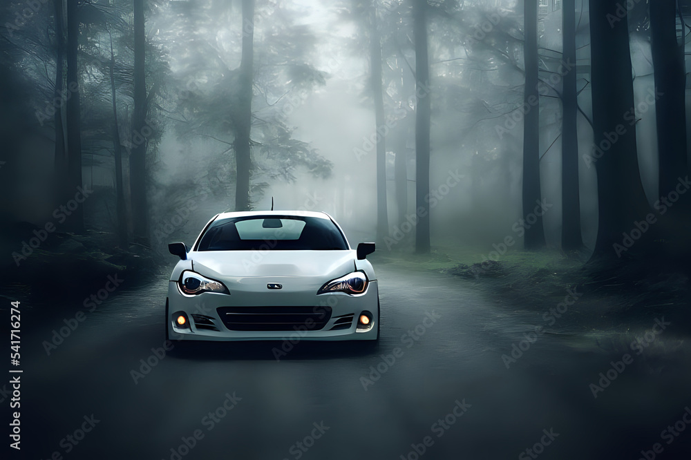 White super car in the forest