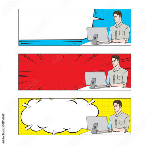 アメコミタッチのパソコンを操作する白人