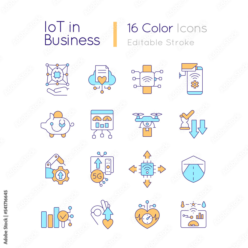 IoT in business RGB color icons set. Provide innovation. Involve technologies. Isolated vector illustrations. Simple filled line drawings collection. Editable stroke. Quicksand-Light font used IoT in business RGB color icons set. Provide innovation. Involve technologies. Isolated vector illustrations. Simple filled line drawings collection. Editable stroke. Quicksand-Light font used