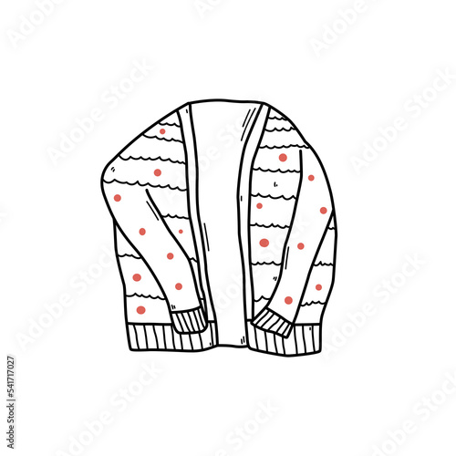 Hand drawn cardigan doodle style, vector illustration isolated on white background. Warm clothes, black outline design element, ornament with colorful dots (ID: 541717027)