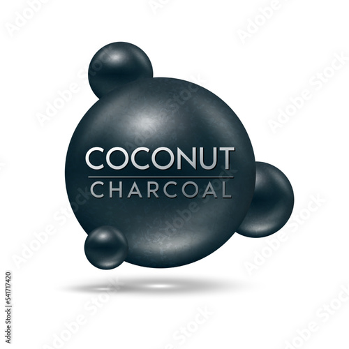 Skincare beauty with collagen and vitamins extract charcoal coconut. Activated charcoal or kaolin black clay 100% pure. Isolated on white background. Used for cosmetic product design. Vector EPS10.