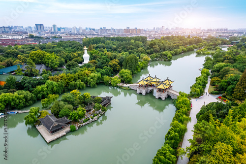 Aerial photography of Chinese garden scenery of Slender West Lake in Yangzhou