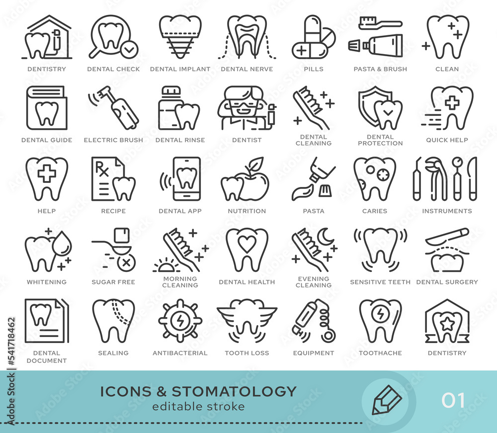 Set of conceptual icons. Vector icons in flat linear style for web sites, applications and other graphic resources. Set from the series - Stomatology and Dental. Editable stroke icon.