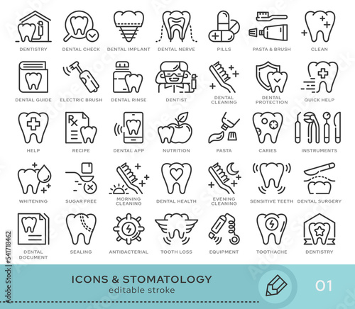 Set of conceptual icons. Vector icons in flat linear style for web sites, applications and other graphic resources. Set from the series - Stomatology and Dental. Editable stroke icon.