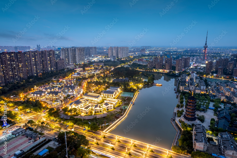 Obraz premium Aerial photography night view of Taizhou city skyline in China