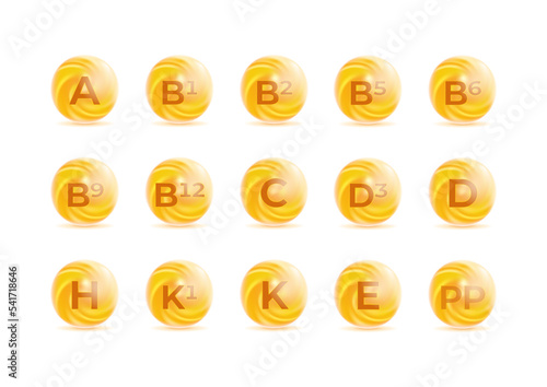 Set of Vitamin complex icons. Multivitamin supplement. Vitamin A, B group B1, B2, B3, B5, B6, B9, B12, C, D, D3, E, K, H, K1, PP. Essential vitamin complex. Healthy life concept. vector