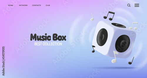Music 3d boom box column, render style cube with sound amplifyer and notes, web banner