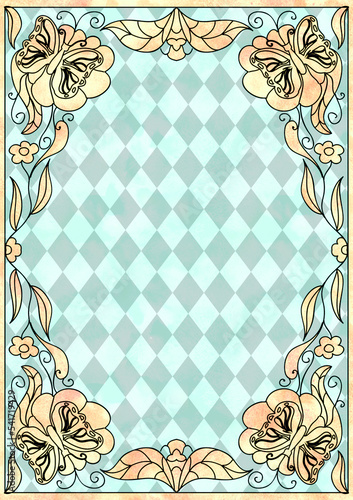 Decorative art nuovo floral blank frame on Alice in Wonderland style diamond checker pattern  vertical format with text place and space
