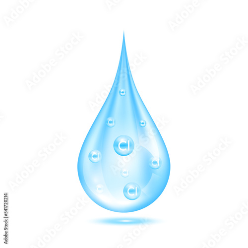 Chlorine inside water drop disinfection clean water purifying. Water icon isolated on white background. Microbiology research and analysis concept. 3D vector illustration.