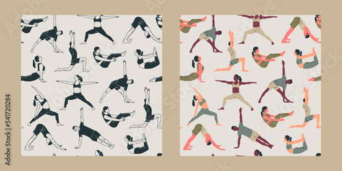 Set of 2 seamless patterns with young people wearing sportswear doing yoga. Concept of sport, gym, yoga, pilates, fitness, meditation and relax. Health care and lifestyle concept. Vector illustration.