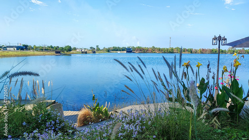 The flower garden with the blue sky and beautiful lake in the park.