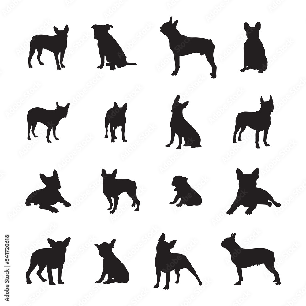 Boston terrier dog silhouettes,  Dog silhouette collection.