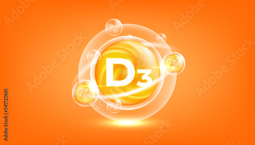 Vitamin D3 shining pill capcule icon. Сholecalciferol vitamin with Chemical formula. Shining golden substance drop. Meds ads. Beauty treatment nutrition skin care design. Vector
