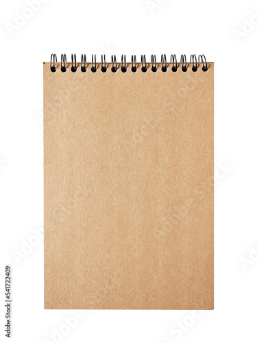 empty spiral notepad made of brown craft paper on a white background. template for design, space for text