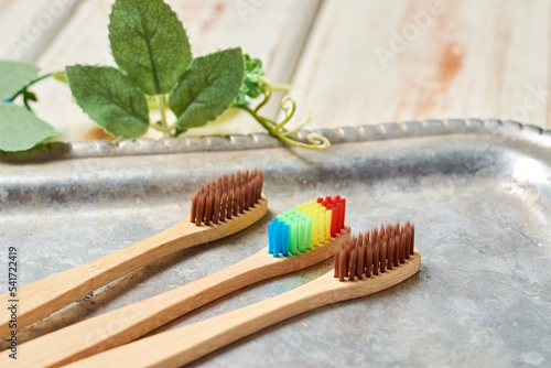 Eco-friendly bamboo toothbrushes. Natural organic bathroom beauty product concept.