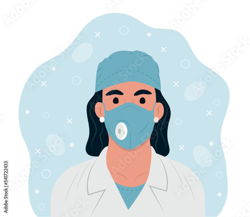 Frontline heroes illustration of doctor. Female doctor in lab coat, mask and headdress. Flat style vector