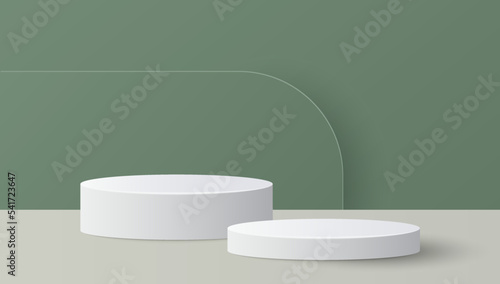 Paper cut of minimal scene with white cylinder podium on green background. Product presentation, mock up, show cosmetic. Vector illustration