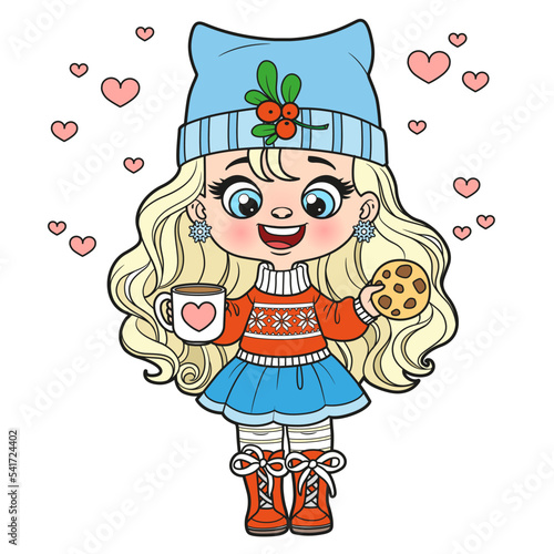 Cute cartoon girl with chocolate chip cookies and a cup in hands color variation for coloring page on a white background