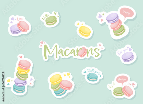 Macarons stickers, icons on pop art, retro vintage style, background, trendy color illustration