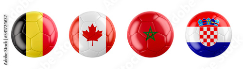 World Cup 2022 Qatar GROUP F teams ball flags. isolated on white background. 3d illustration .