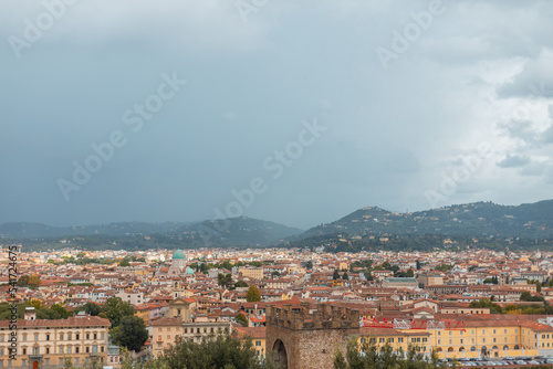 Cityscape with beautiful vintage buildings with red roofs with cloudy sky in Florence, Italy © alones