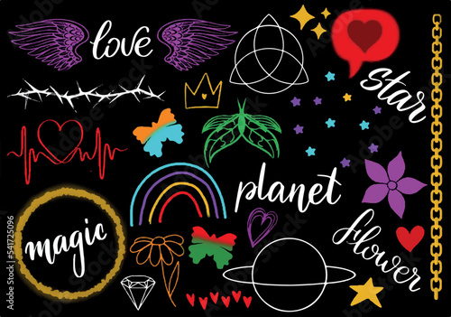Colorful Vector Set with Icons In 90s 70s style. Romantic Vibe  