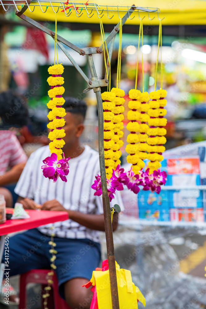 Indian colorful flower garlands for sales during Deepavali or Diwali festival.