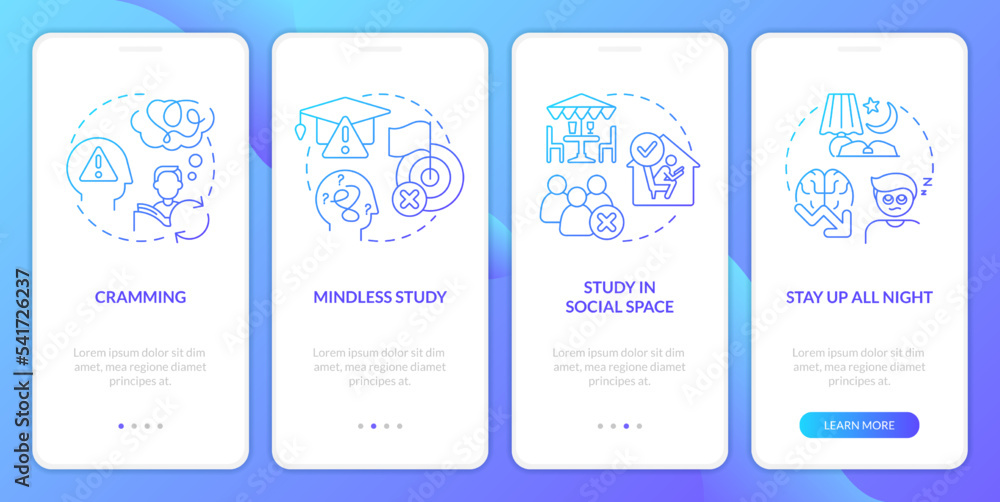 Unproductive ways to study blue gradient onboarding mobile app screen ...