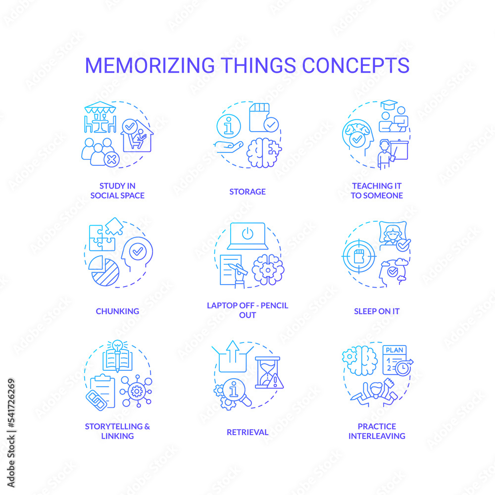 Memorizing things tricks blue gradient concept icons set. Improve memory skills. Brain training. Learn idea thin line color illustrations. Isolated symbols. Roboto-Medium, Myriad Pro-Bold fonts used